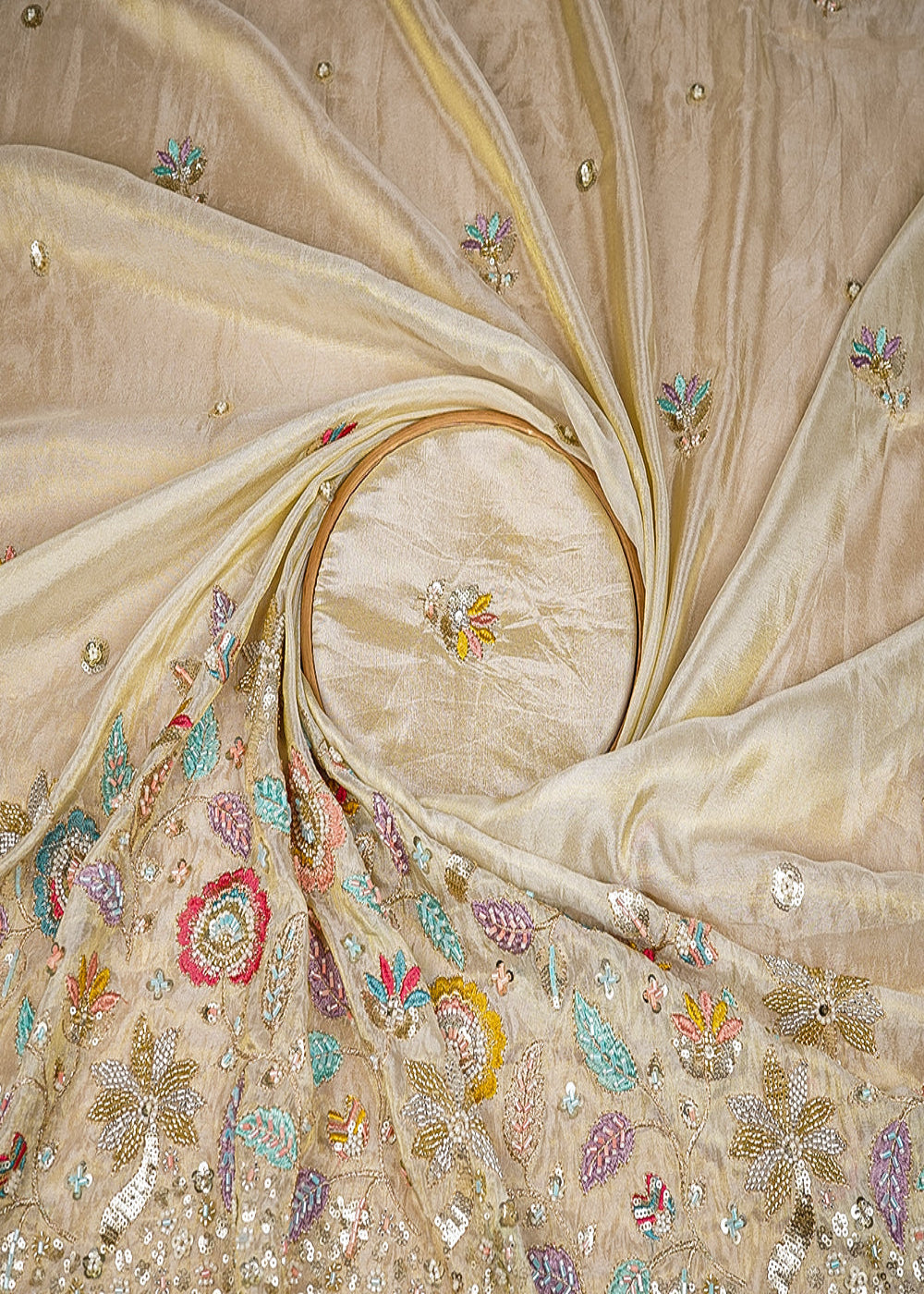 Light-Dyeable-Golden-Tissue-Fabric-With-All-Over-Bead,-Sequins,-Thread-And-Zari-With-One-Side-Border-20248-close-view