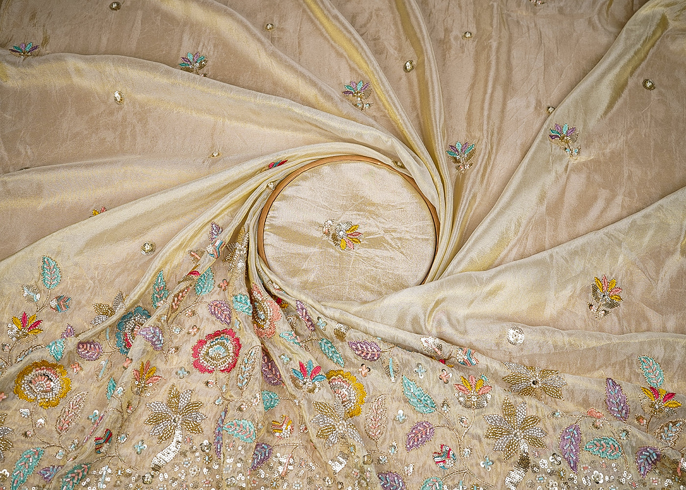 Light Golden Tissue Fabric With All Over Bead, Sequins, Thread And Zari With One Side Border 20248