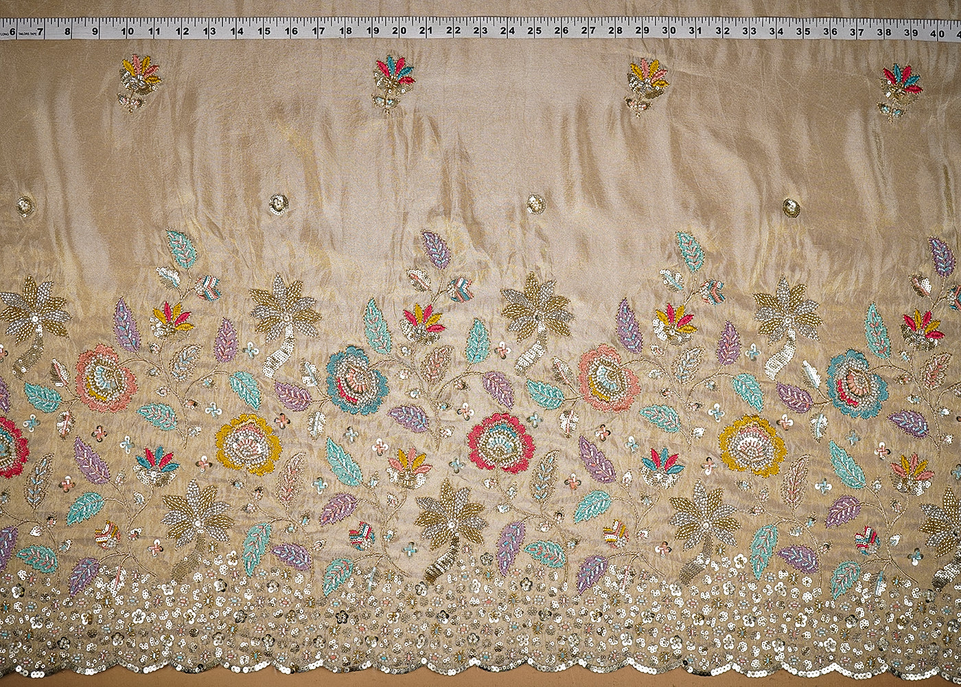 Light Golden Tissue Fabric With All Over Bead, Sequins, Thread And Zari With One Side Border 20248