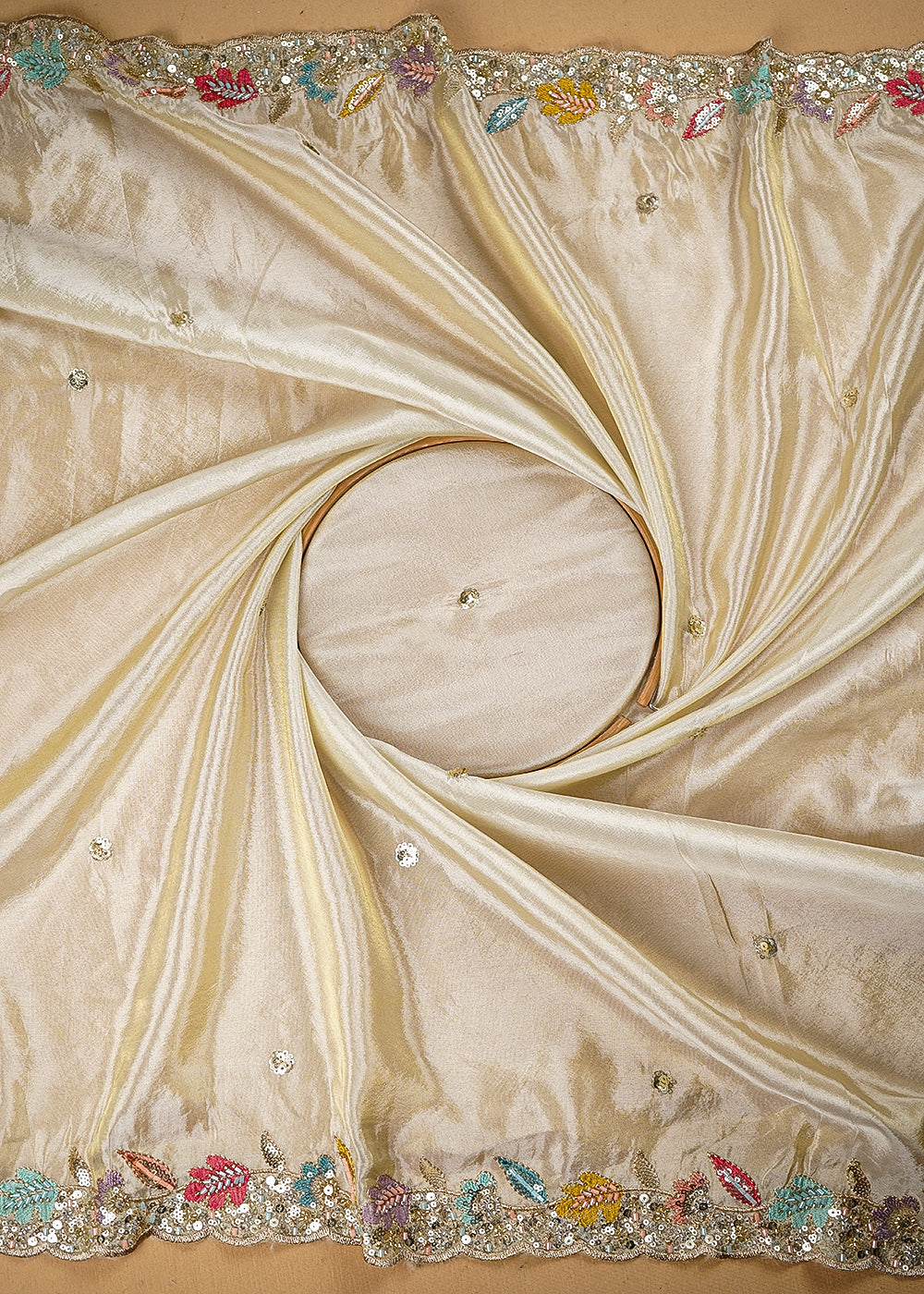 Light-Dyeable-Golden-Tissue-Fabric-With-All-Over-Bead,-Sequins,-Thread-And-Zari-With-Two-Side-Border-20251-close-view