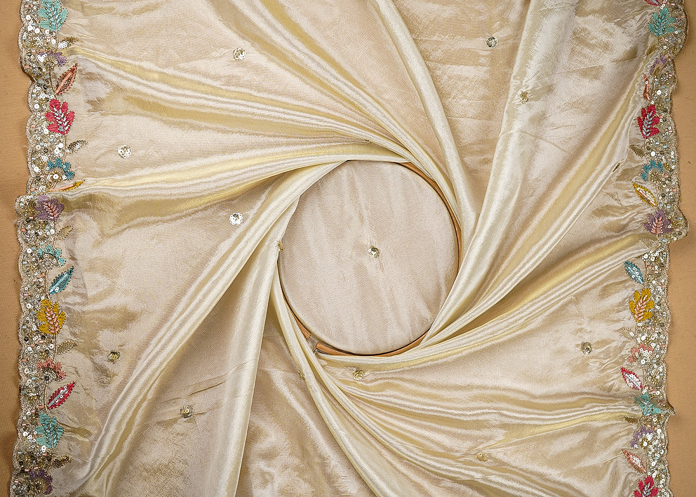 Light Golden Tissue Fabric With All Over Bead, Sequins, Thread And Zari With Two Side Border 20251