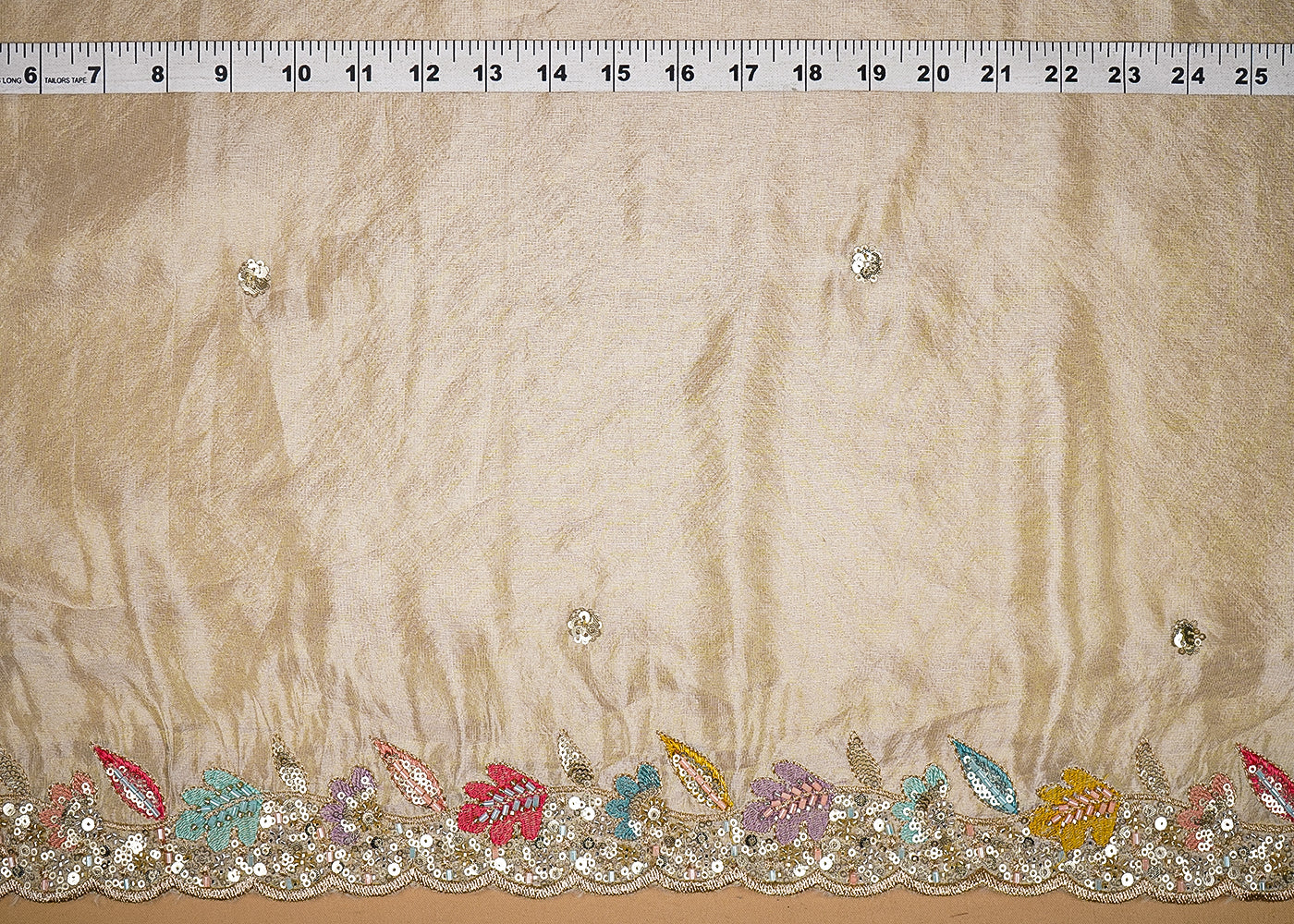 Light Golden Tissue Fabric With All Over Bead, Sequins, Thread And Zari With Two Side Border 20251