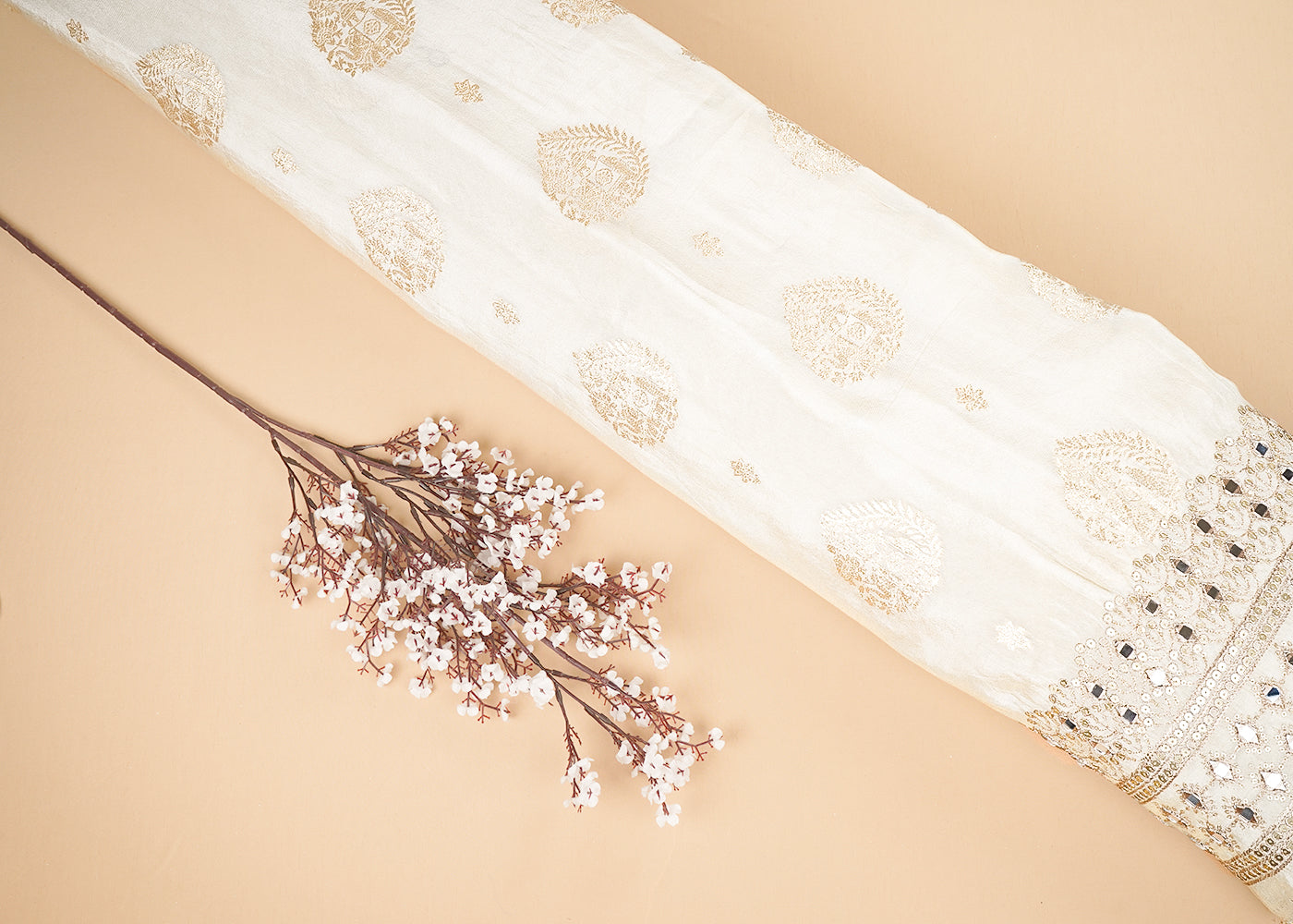 Golden Tissue Fabric With All Over Zari Handloom And One Side Border Of Zari, Mirror And Sequins Work 20254