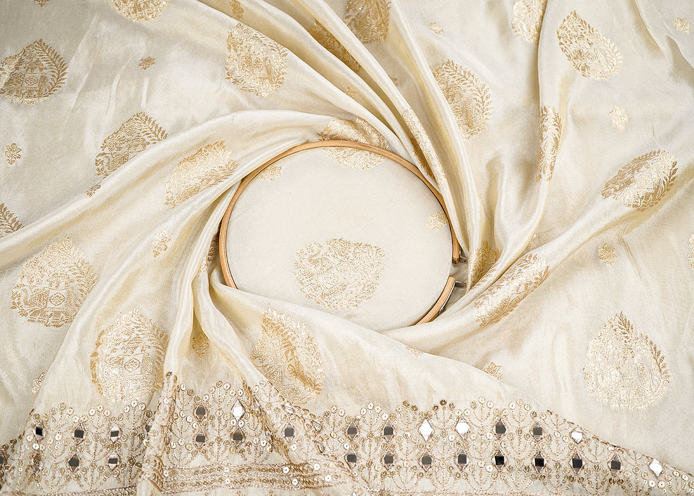 Golden Tissue Fabric With All Over Zari Handloom And One Side Border Of Zari, Mirror And Sequins Work 20254