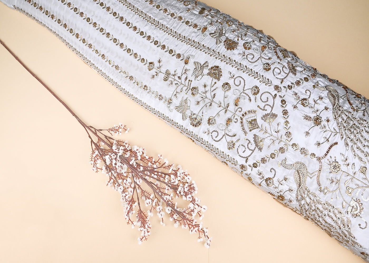 White Crepe Fabric With All Over Katdana, Zari, Sequins And Bead Work With One Side Bird Motif Border 20256