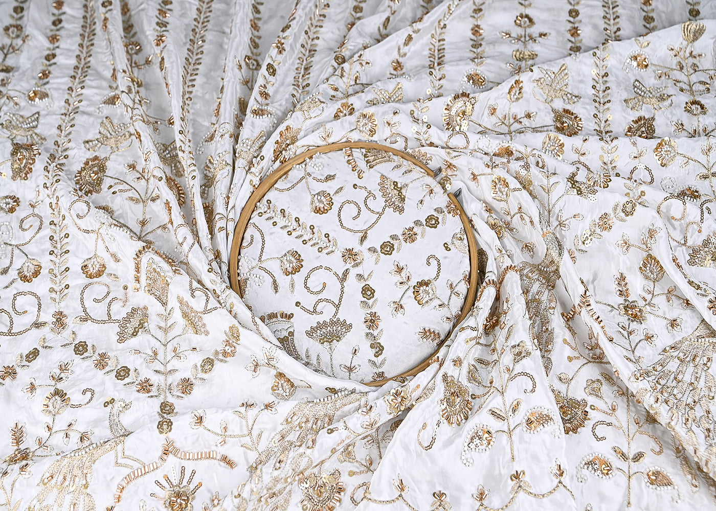 White Crepe Fabric With All Over Katdana, Zari, Sequins And Bead Work With One Side Bird Motif Border 20256