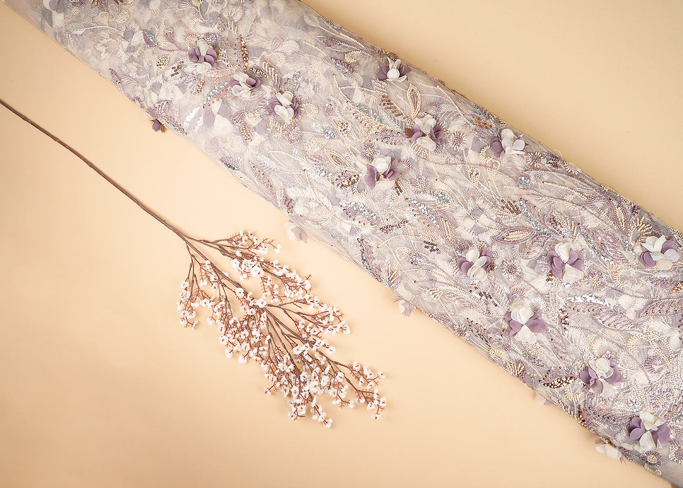 Chiku Imported Net Fabric With All Over Bead, Sequins And 3D Flowers With One Side Heavy Border 20264