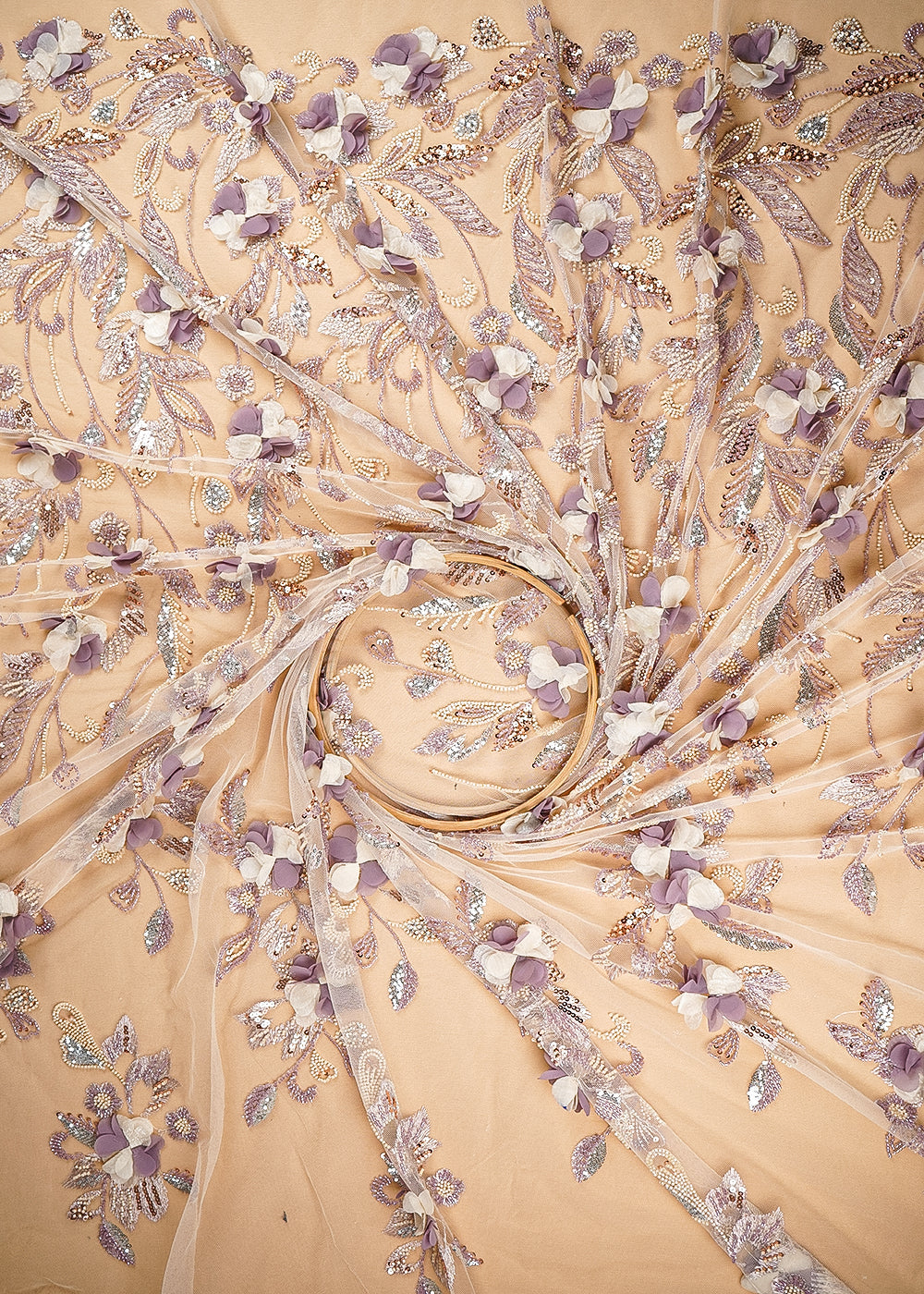 Chiku Imported Net Fabric With All Over Bead, Sequins And 3D Flowers With One Side Heavy Border 20264