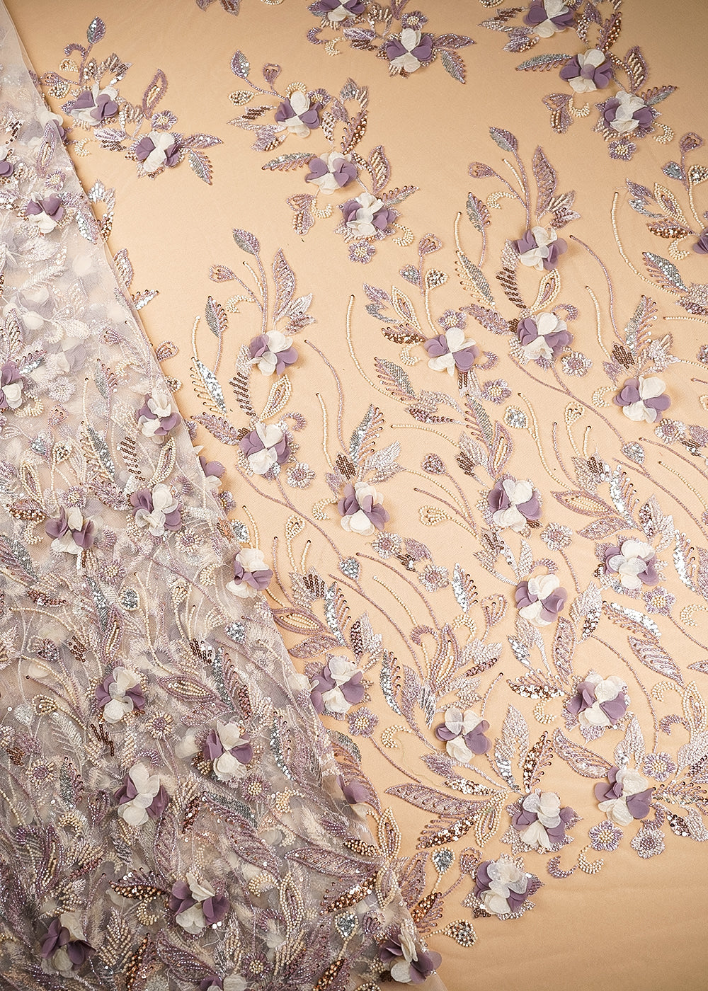 Chiku Imported Net Fabric With All Over Bead, Sequins And 3D Flowers With One Side Heavy Border 20264