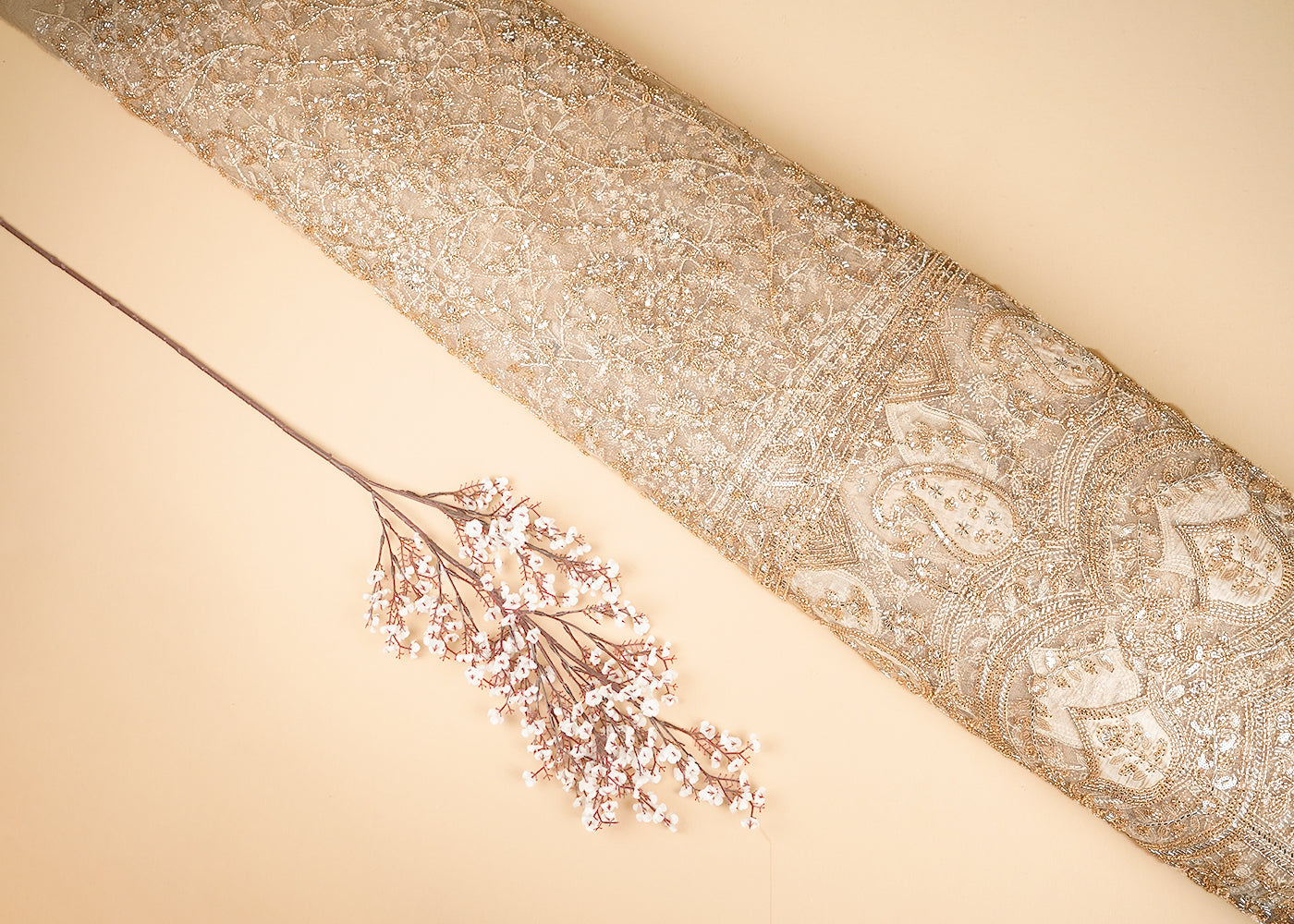 Gold  Imported Net Fabric With All Over Sequins, Katdana And Bead With One Side Patch Work Border 20266