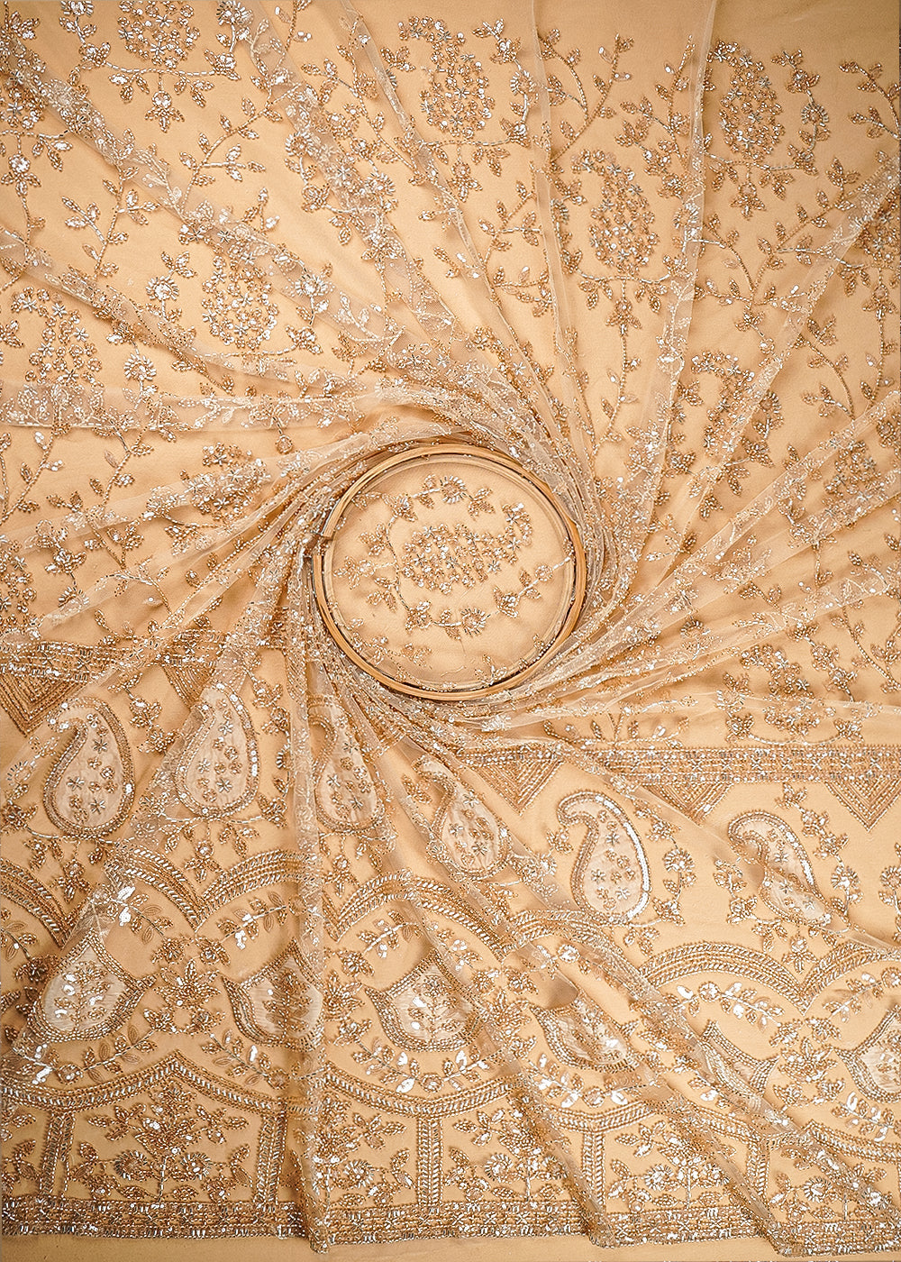 Gold  Imported Net Fabric With All Over Sequins, Katdana And Bead With One Side Patch Work Border 20266