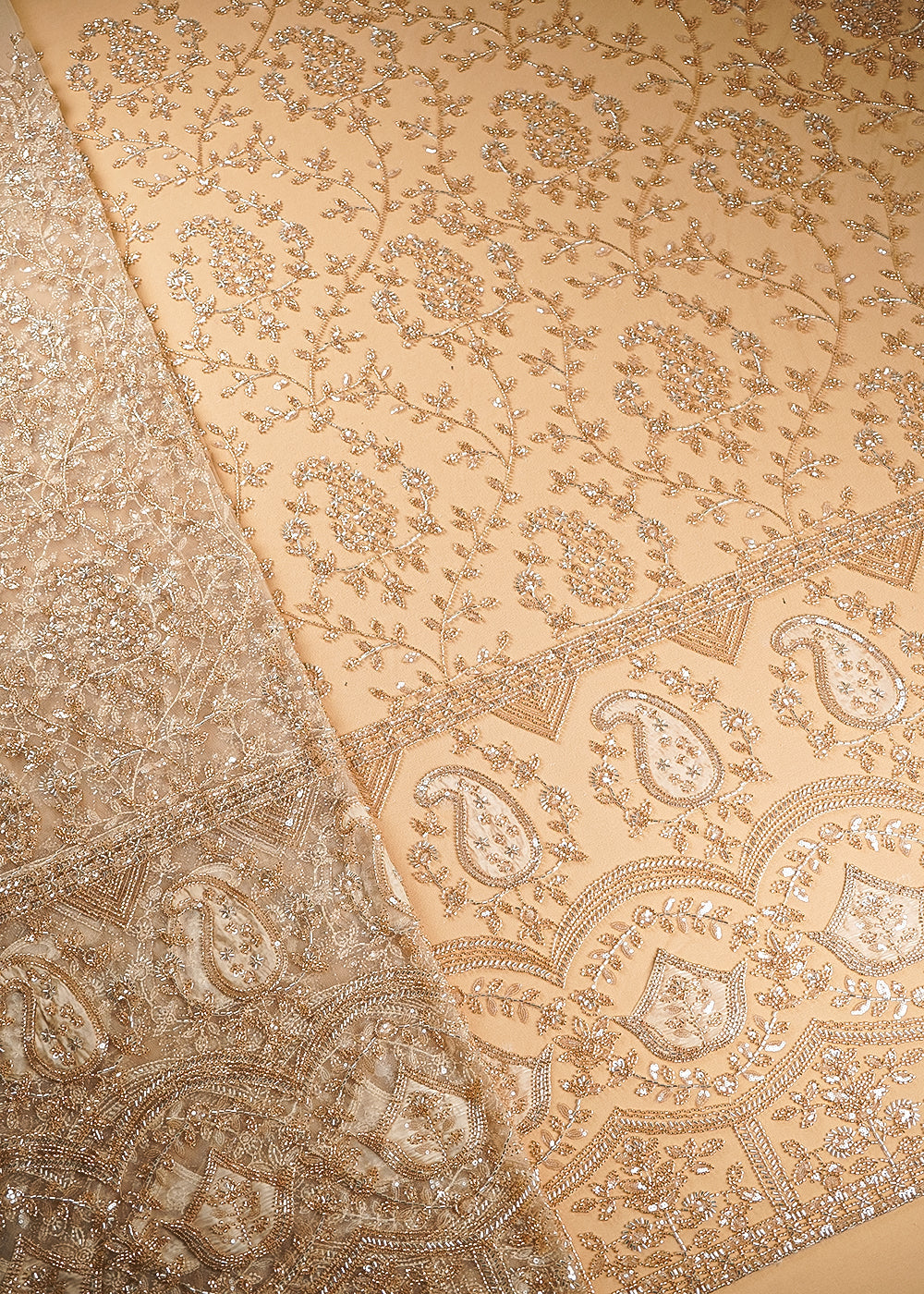 Gold  Imported Net Fabric With All Over Sequins, Katdana And Bead With One Side Patch Work Border 20266