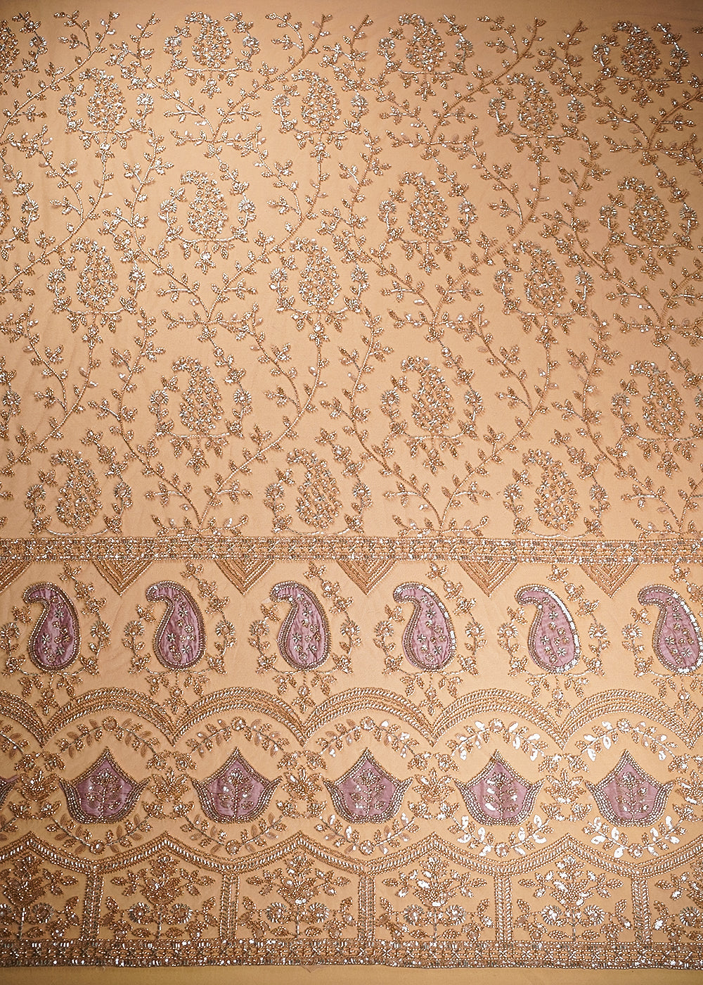 Light Pink Imported Net Fabric With All Over Sequins, Katdana And Bead Work With One Side Patch Work Border 20267