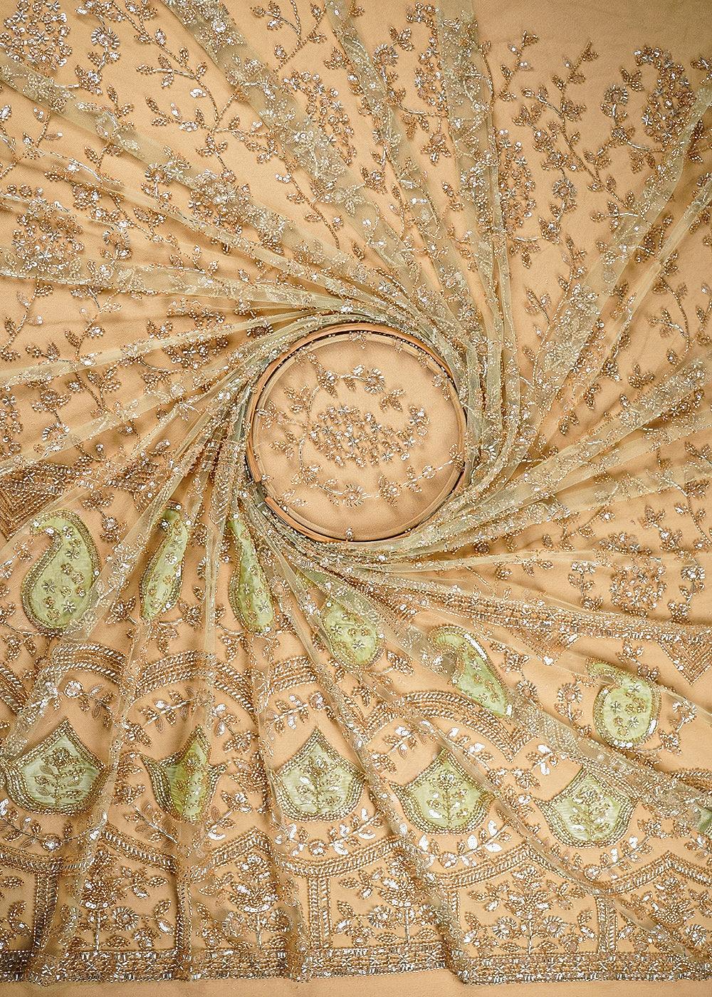 Pista Green Imported Net Fabric With All Over Sequins, Katdana And Bead Work With One Side Patch Work Border 20268