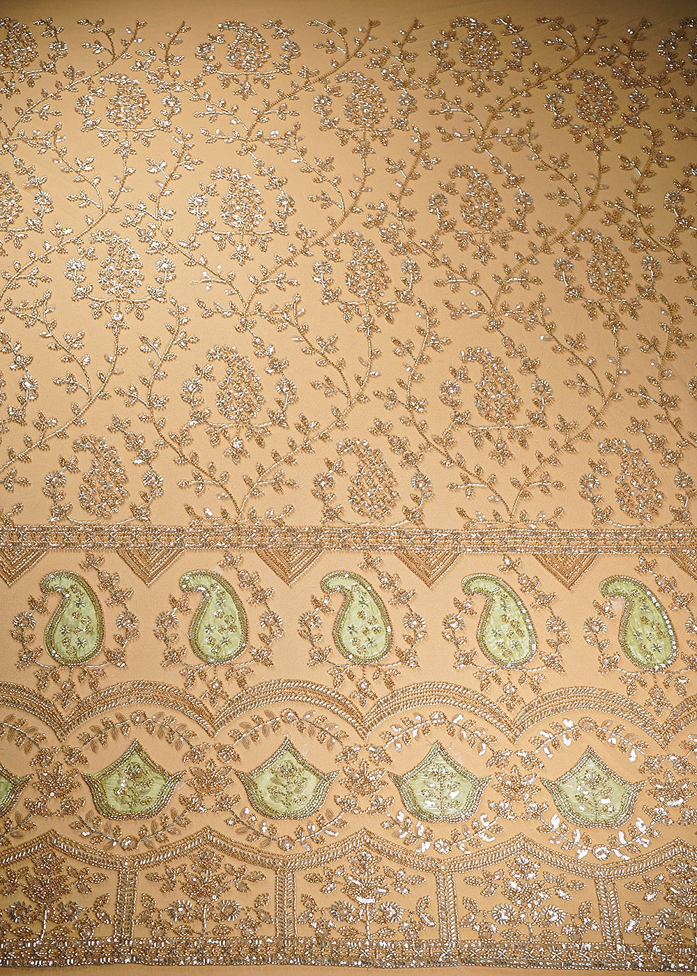 Pista Green Imported Net Fabric With All Over Sequins, Katdana And Bead Work With One Side Patch Work Border 20268