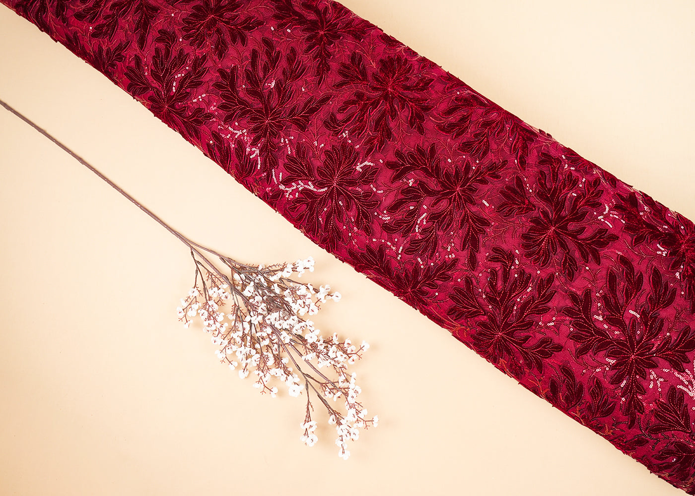 Maroon Imported Net Fabric With All Over Velvet Patch Work With Sequins 20274