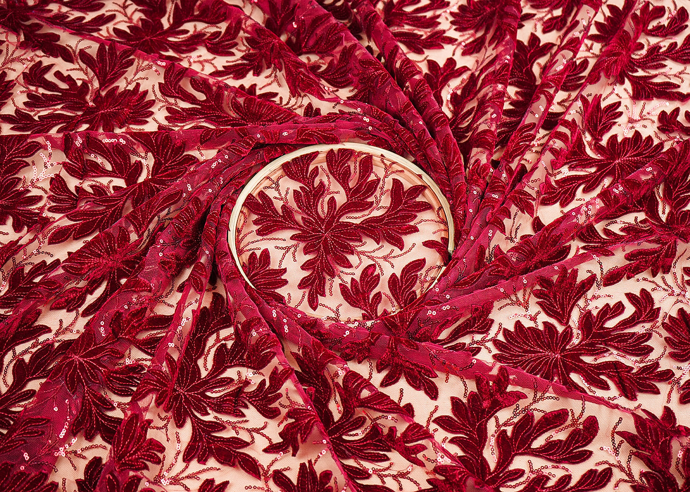 Maroon Imported Net Fabric With All Over Velvet Patch Work With Sequins 20274