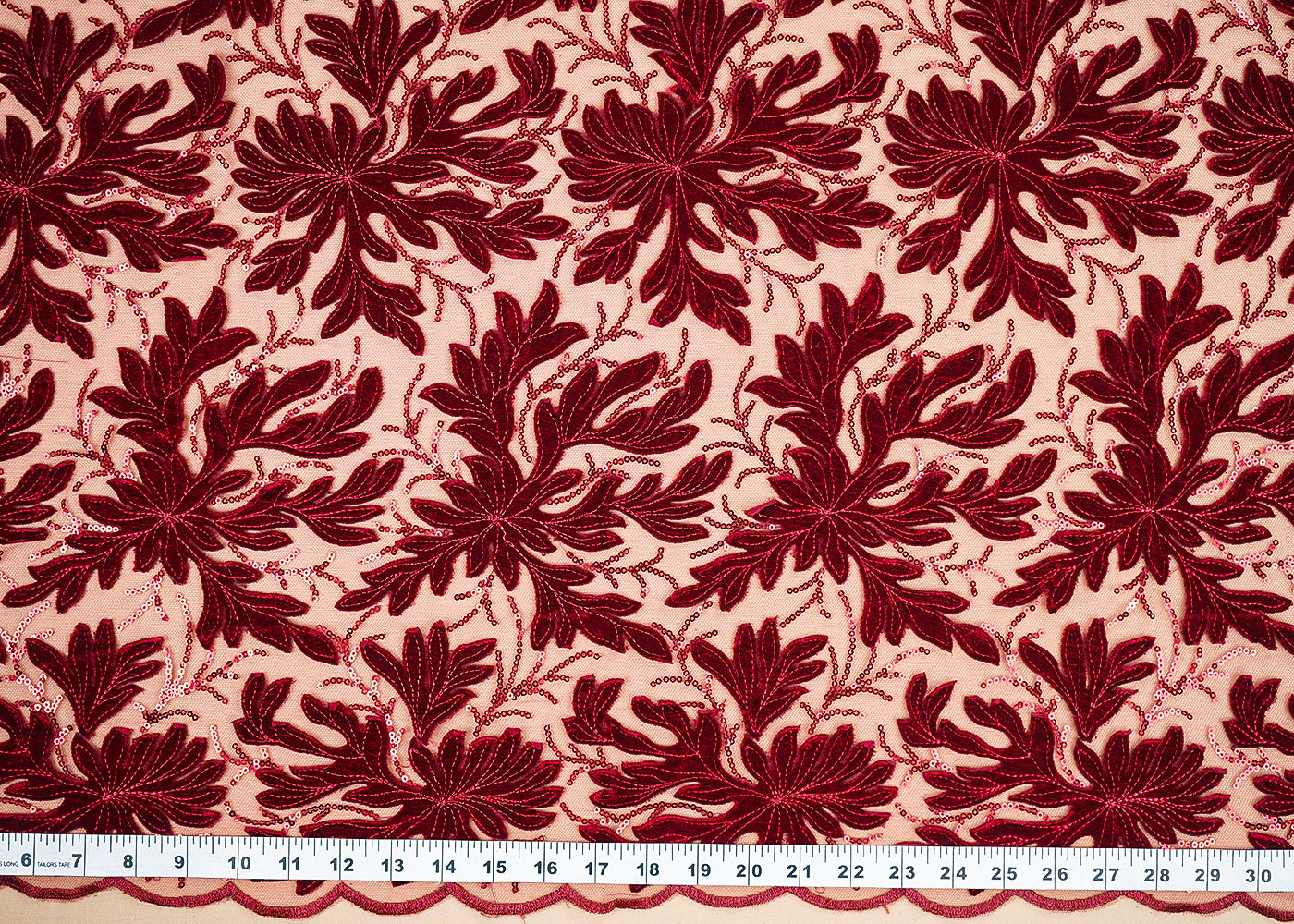 Maroon Imported Net Fabric With All Over Velvet Patch Work With Sequins 20274
