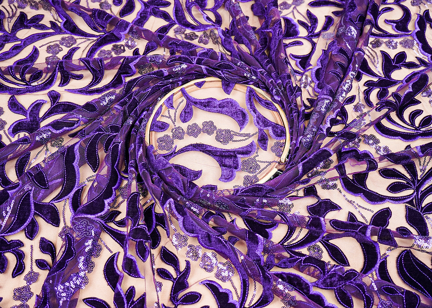Purple Imported Net Fabric With All Over Velvet Patch Work With Sequins 20275