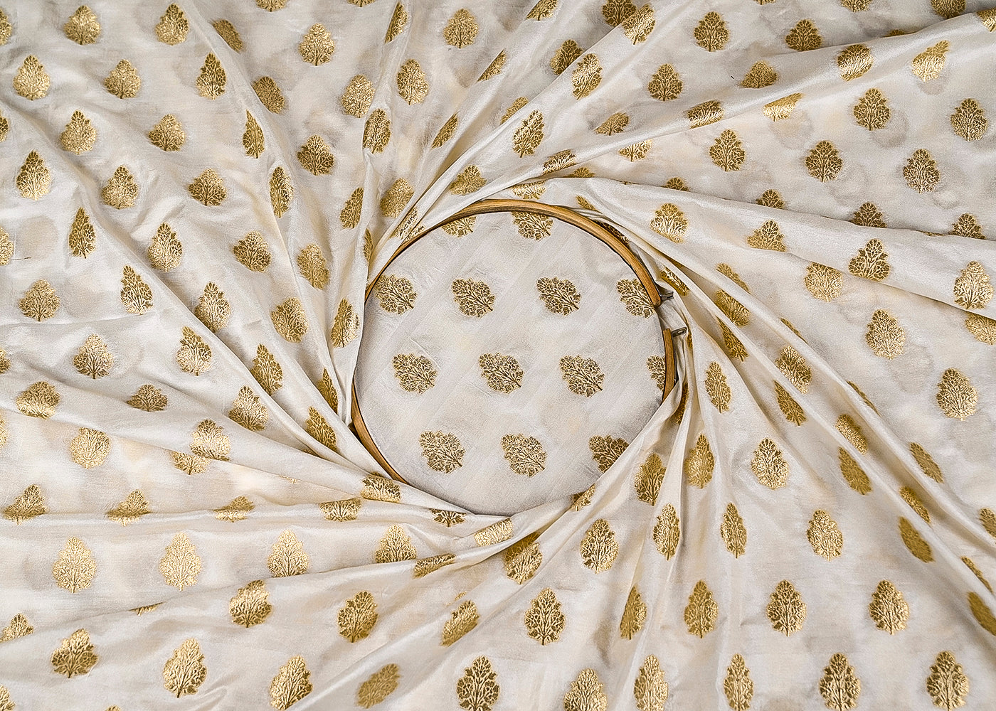 White  Silk Fabric With Allover Buti Of Zari Handloom 20283