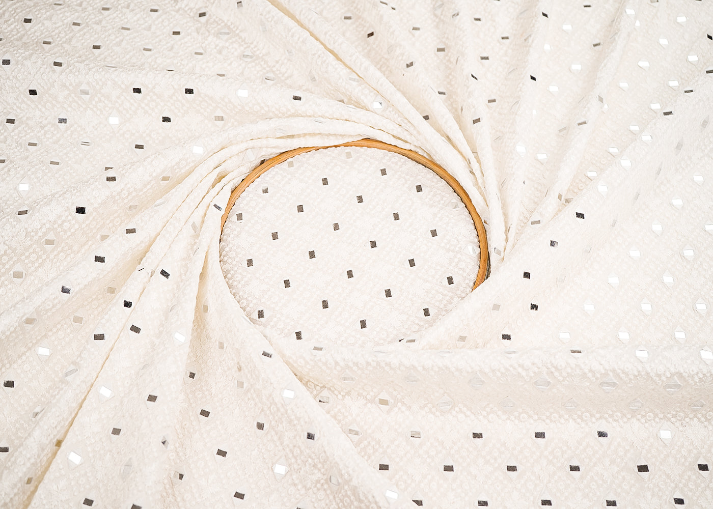 White Dola Silk Fabric With All Over Thread And Faux Mirror Work 20295