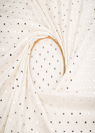 White Dyeable Silk Fabric With All Over Thread And Faux Mirror Work 20295