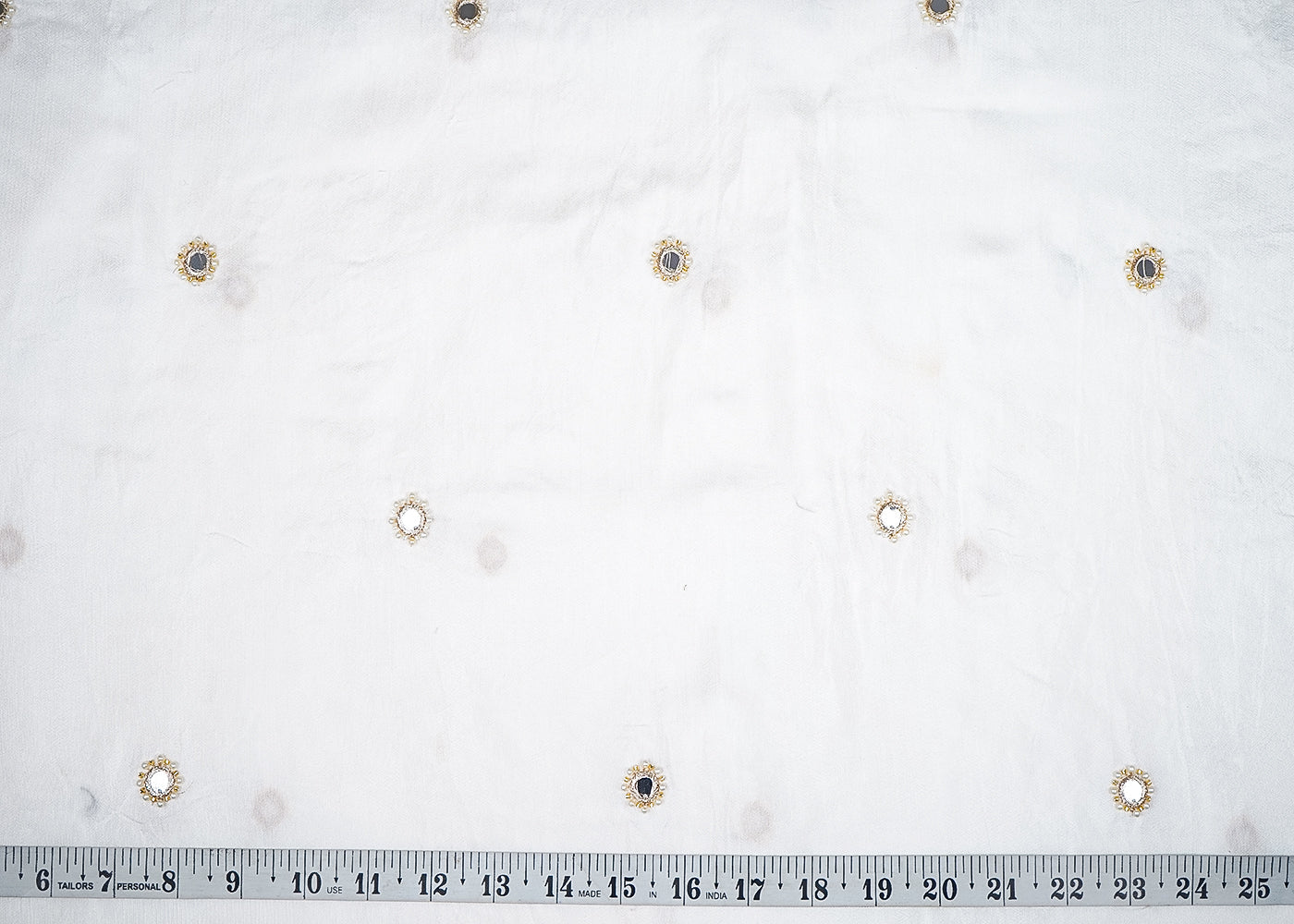 White Dola Silk Fabric With All Over Buti Of Faux Mirror, Bead And Zari 20299