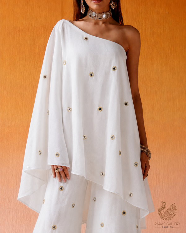 White Dyeable Silk Fabric With All Over Buti Of Faux Mirror, Bead And Zari 20299