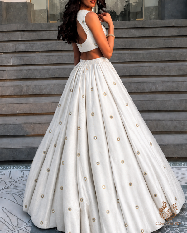 White Dyeable Silk Fabric With All Over Buti Of Faux Mirror, Bead And Zari 20299