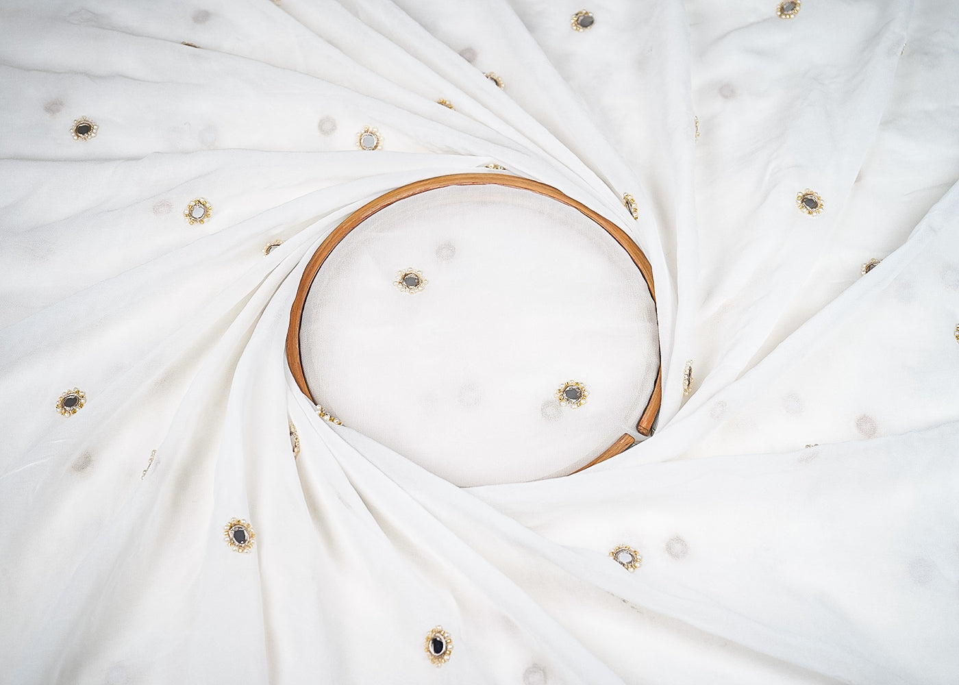 White Georgette Fabric With All Over Buti Of Faux Mirror, Bead And Zari 20300