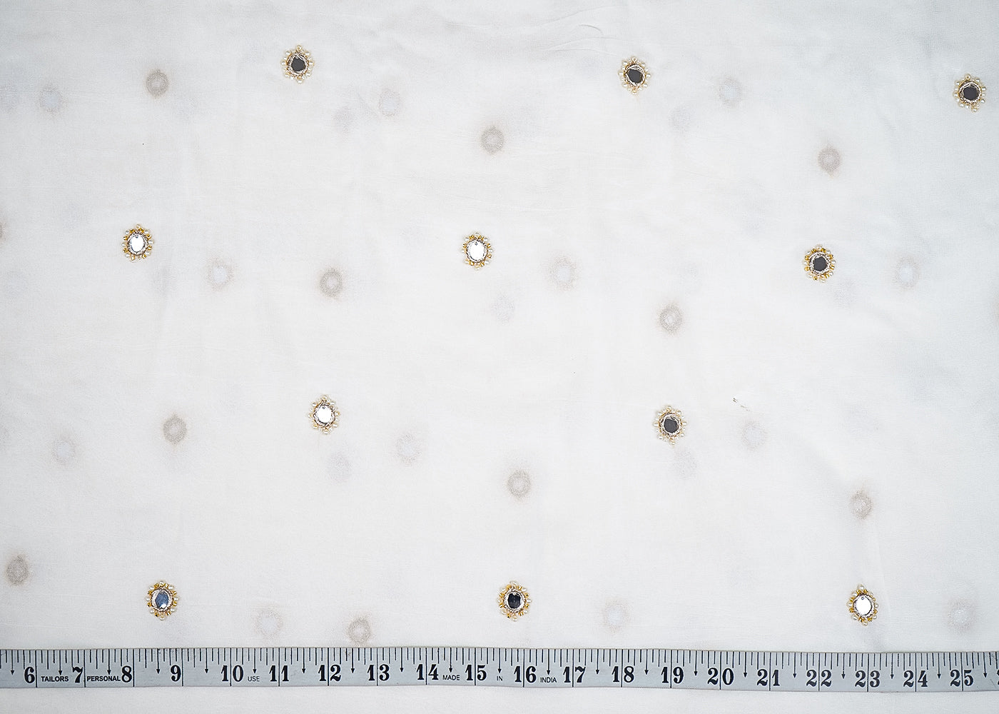 White Georgette Fabric With All Over Buti Of Faux Mirror, Bead And Zari 20300