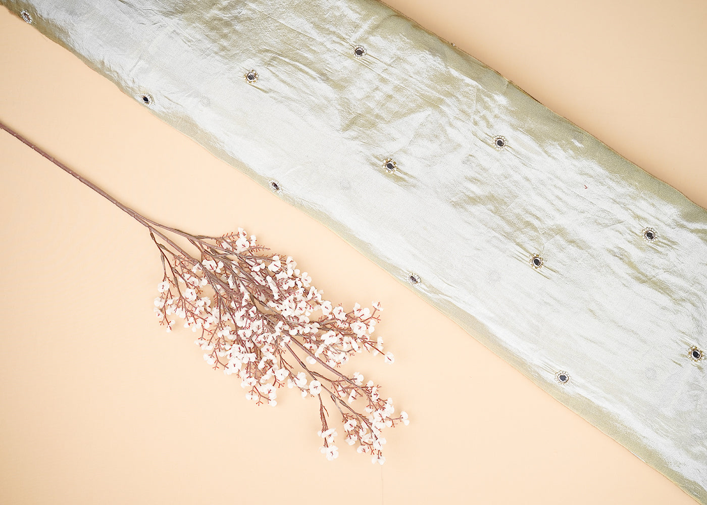 Golden Tissue Fabric With All Over Buti Of Faux Mirror, Bead And Zari 20301