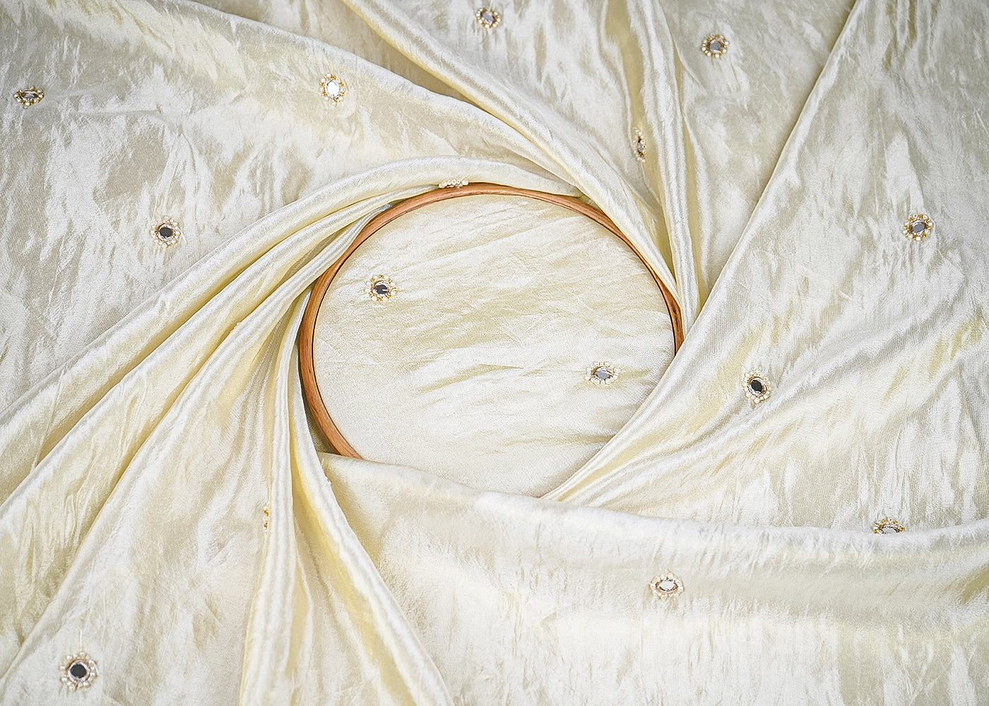 Golden Tissue Fabric With All Over Buti Of Faux Mirror, Bead And Zari 20301