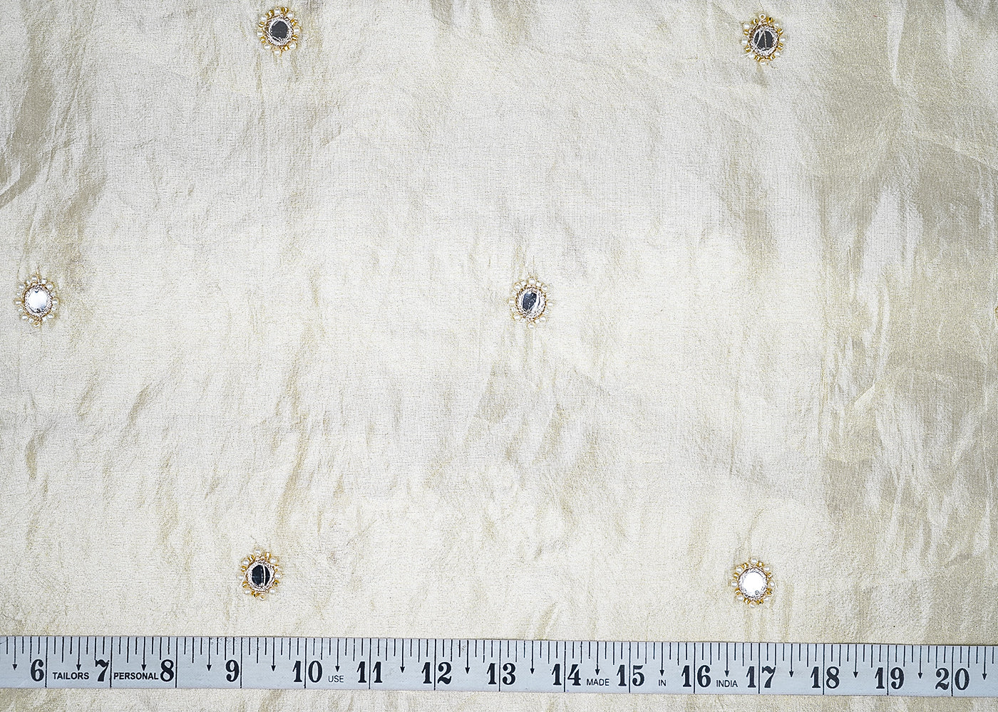 Golden Tissue Fabric With All Over Buti Of Faux Mirror, Bead And Zari 20301