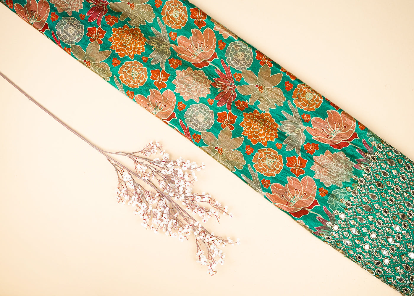 Rama Green Tissue Fabric With All Over Floral Print And One Side Bead, Sequins, Zari And Faux Mirror Border 20302