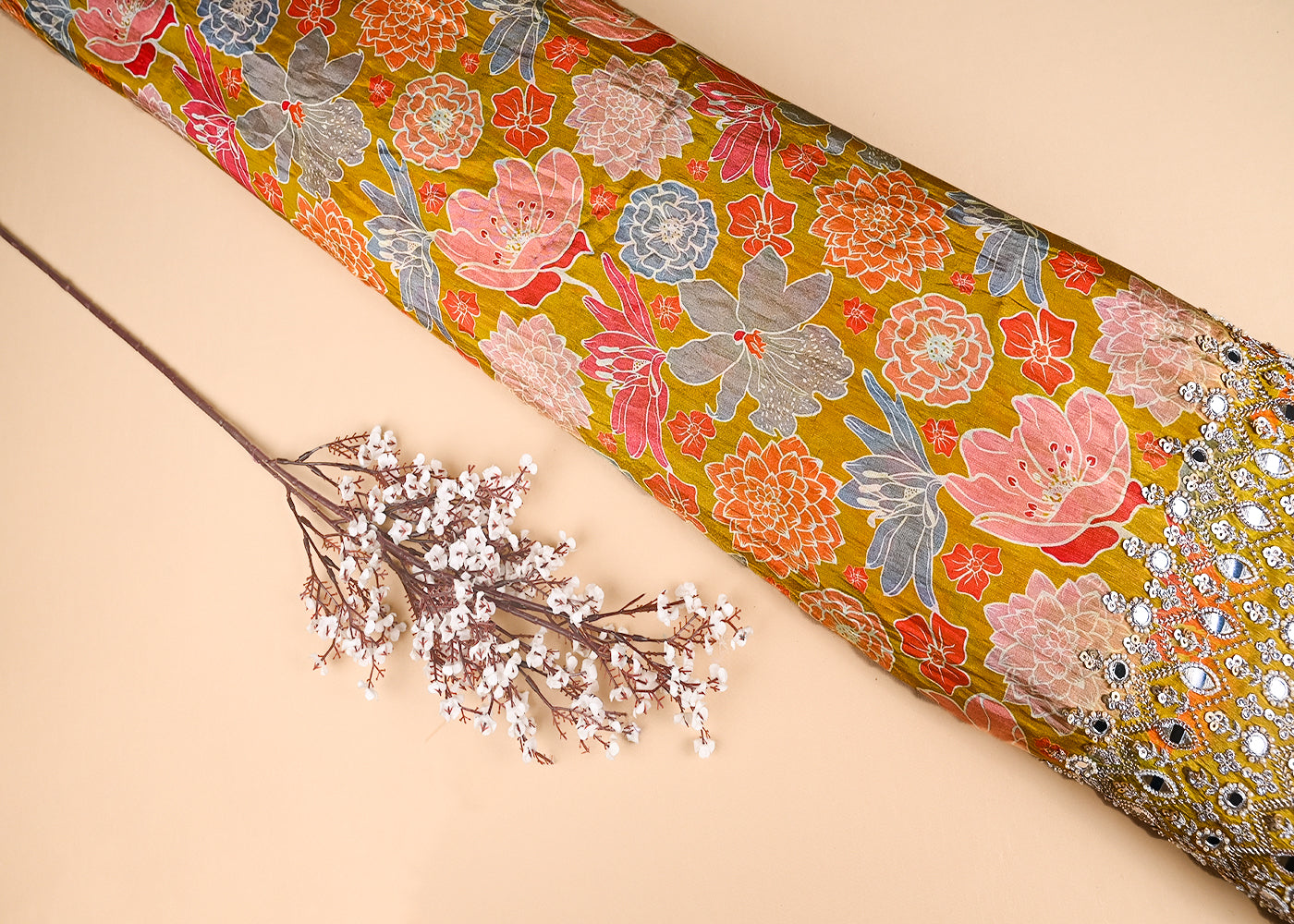 Mustard Tissue Fabric With All Over Floral Print And One Side Bead, Sequins, Zari And Faux Mirror Border 20303