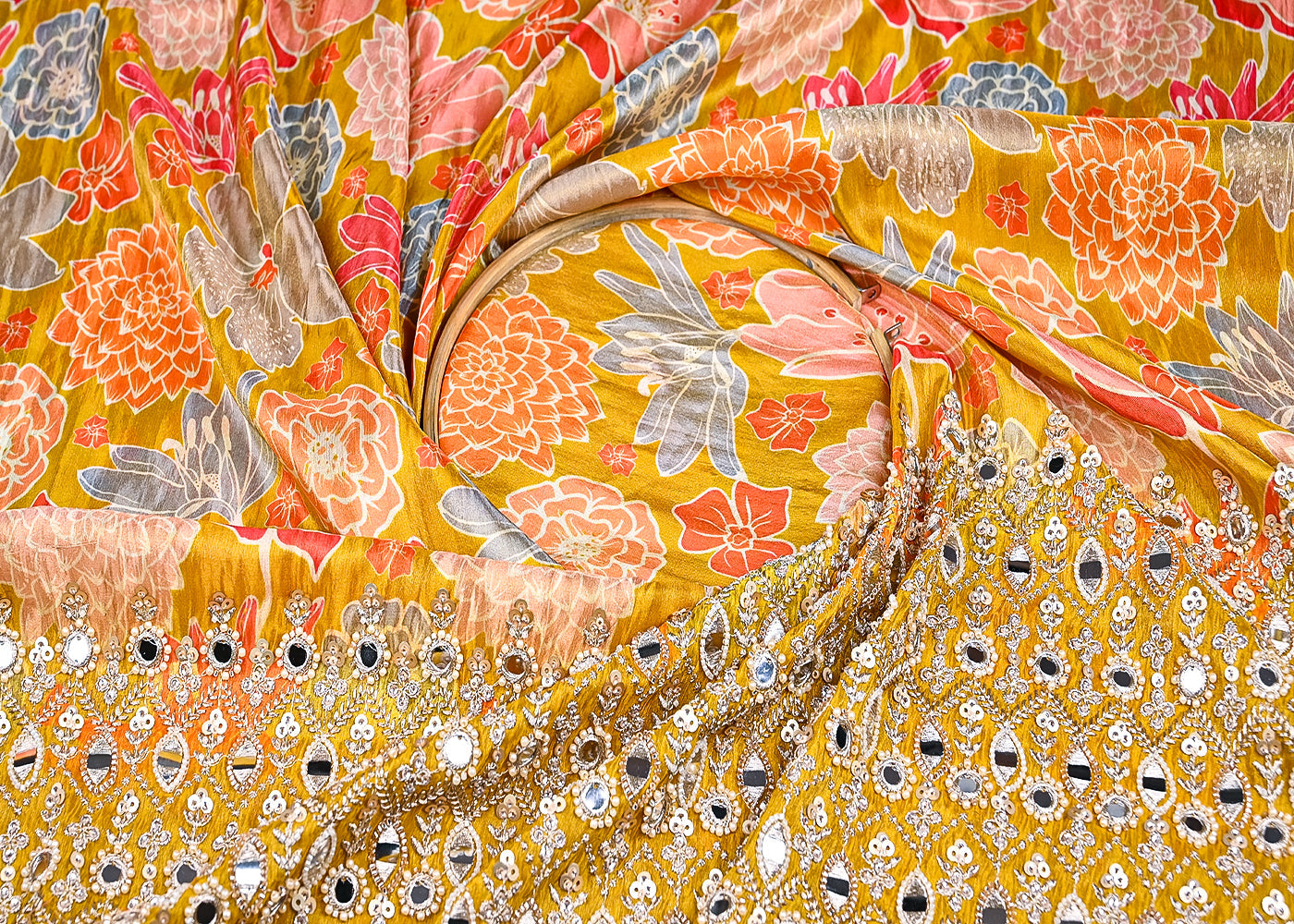 Mustard Tissue Fabric With All Over Floral Print And One Side Bead, Sequins, Zari And Faux Mirror Border 20303