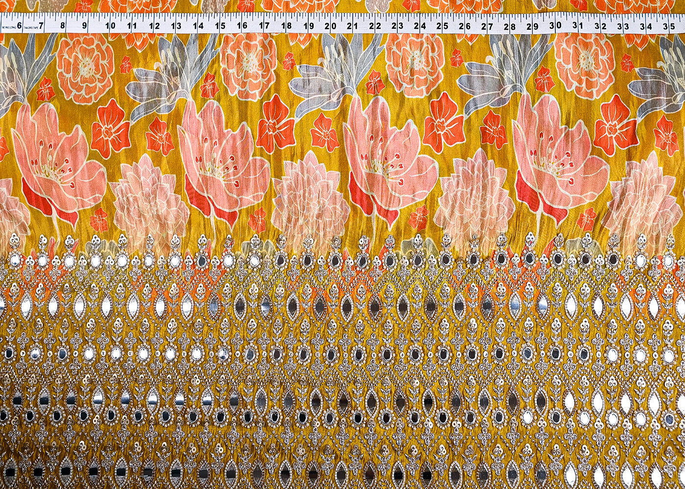 Mustard Tissue Fabric With All Over Floral Print And One Side Bead, Sequins, Zari And Faux Mirror Border 20303
