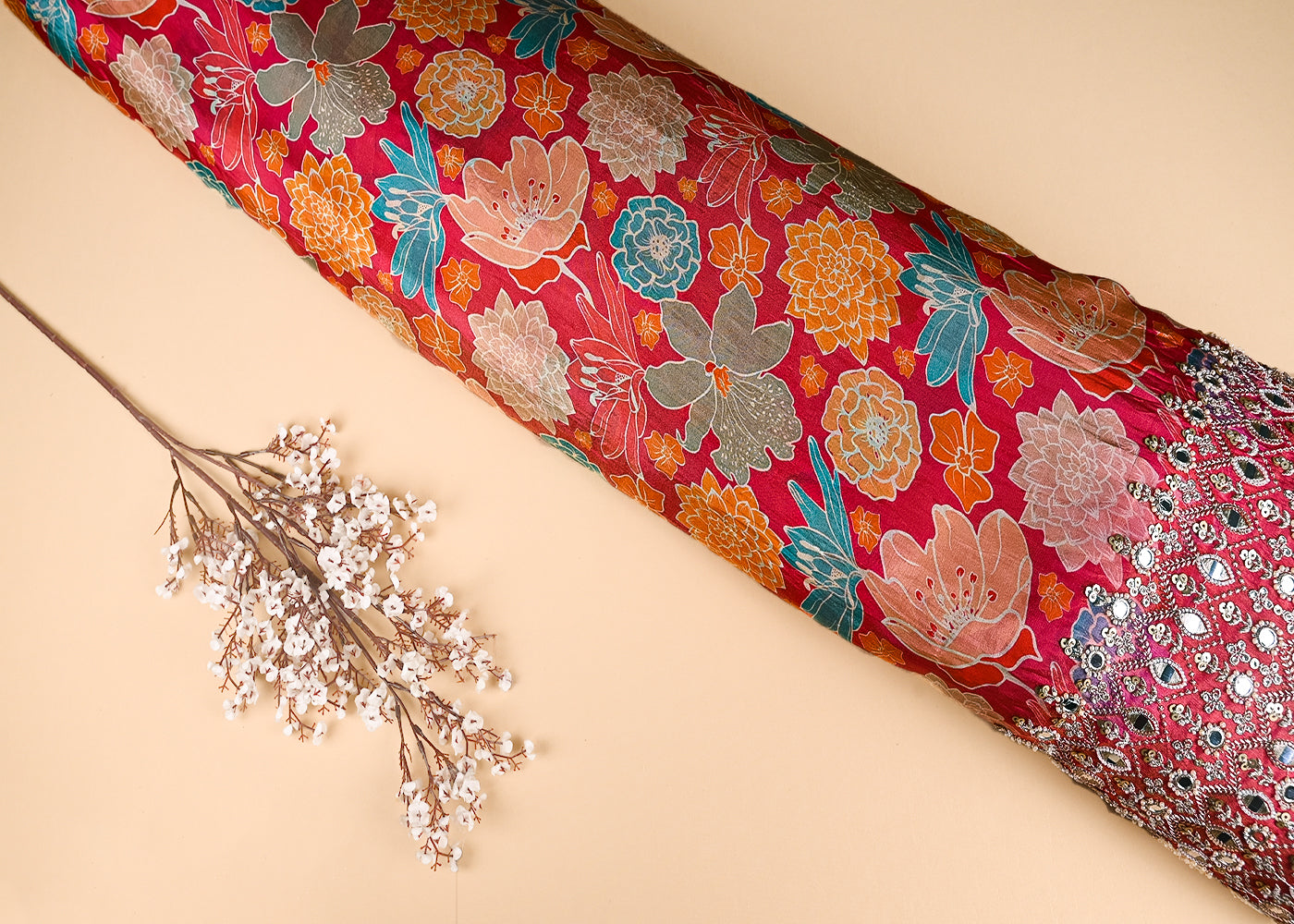 Gajri Tissue Fabric With All Over Floral Print And One Side Bead, Sequins, Zari And Faux Mirror Border 20304