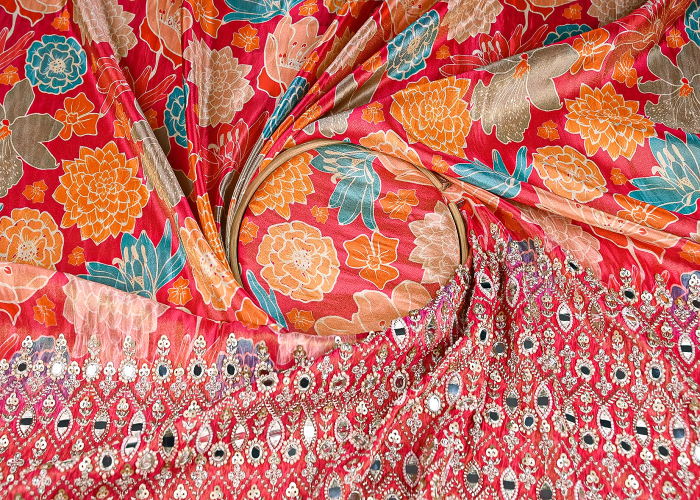 Gajri Tissue Fabric With All Over Floral Print And One Side Bead, Sequins, Zari And Faux Mirror Border 20304