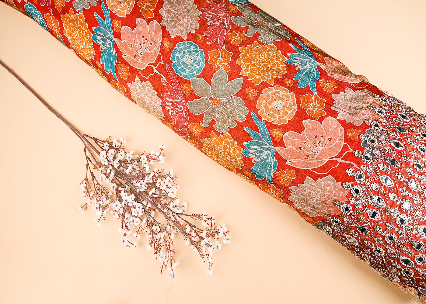 Rust Tissue Fabric With All Over Floral Print And One Side Bead, Sequins, Zari And Faux Mirror Border 20305
