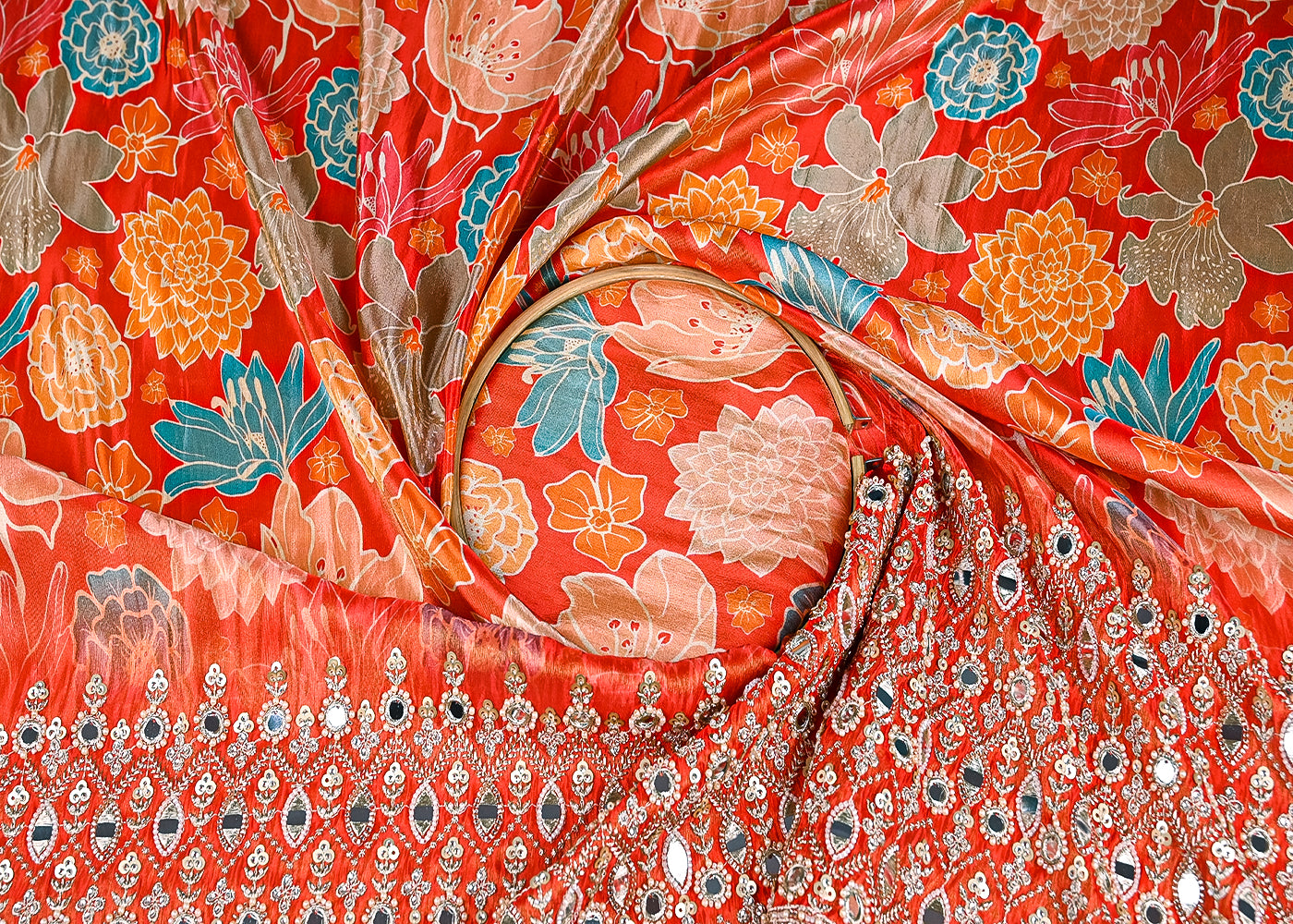 Rust Tissue Fabric With All Over Floral Print And One Side Bead, Sequins, Zari And Faux Mirror Border 20305