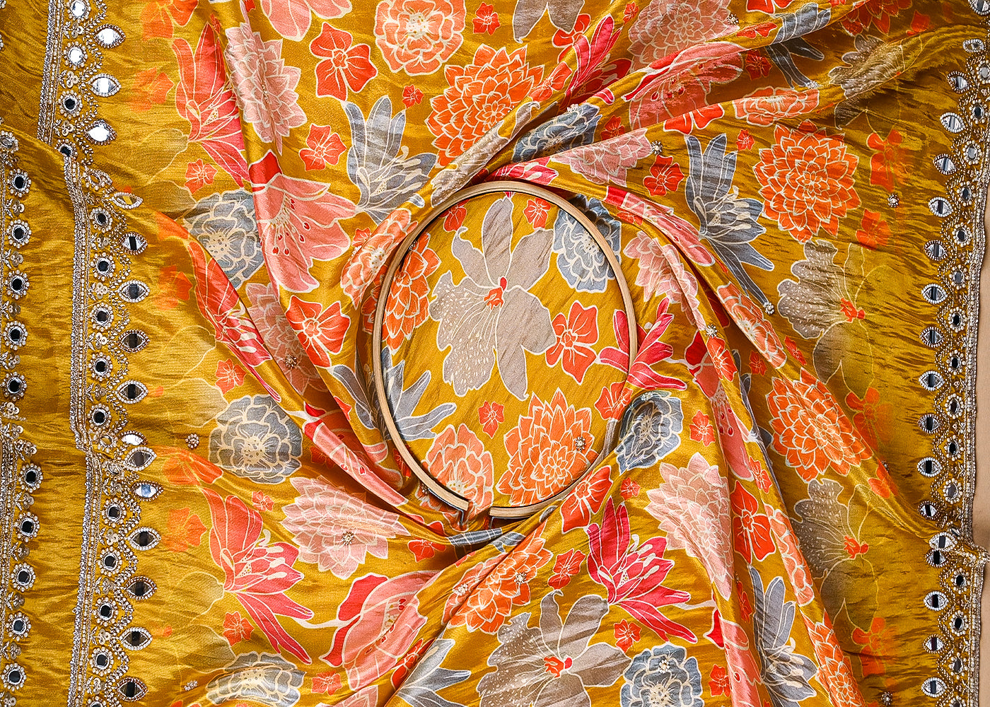 Mustard Tissue Fabric With All Over Floral Print And Two Side Bead, Sequins, Zari And Faux Mirror Border 20306