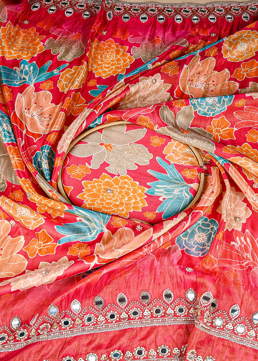 Gajri-Tissue-Fabric-With-All-Over-Floral-Print-And-Two-Side-Bead,-Sequins,-Zari-And-Faux-Mirror-Border-20307-close-view