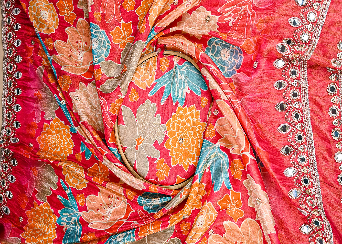 Gajri Tissue Fabric With All Over Floral Print And Two Side Bead, Sequins, Zari And Faux Mirror Border 20307