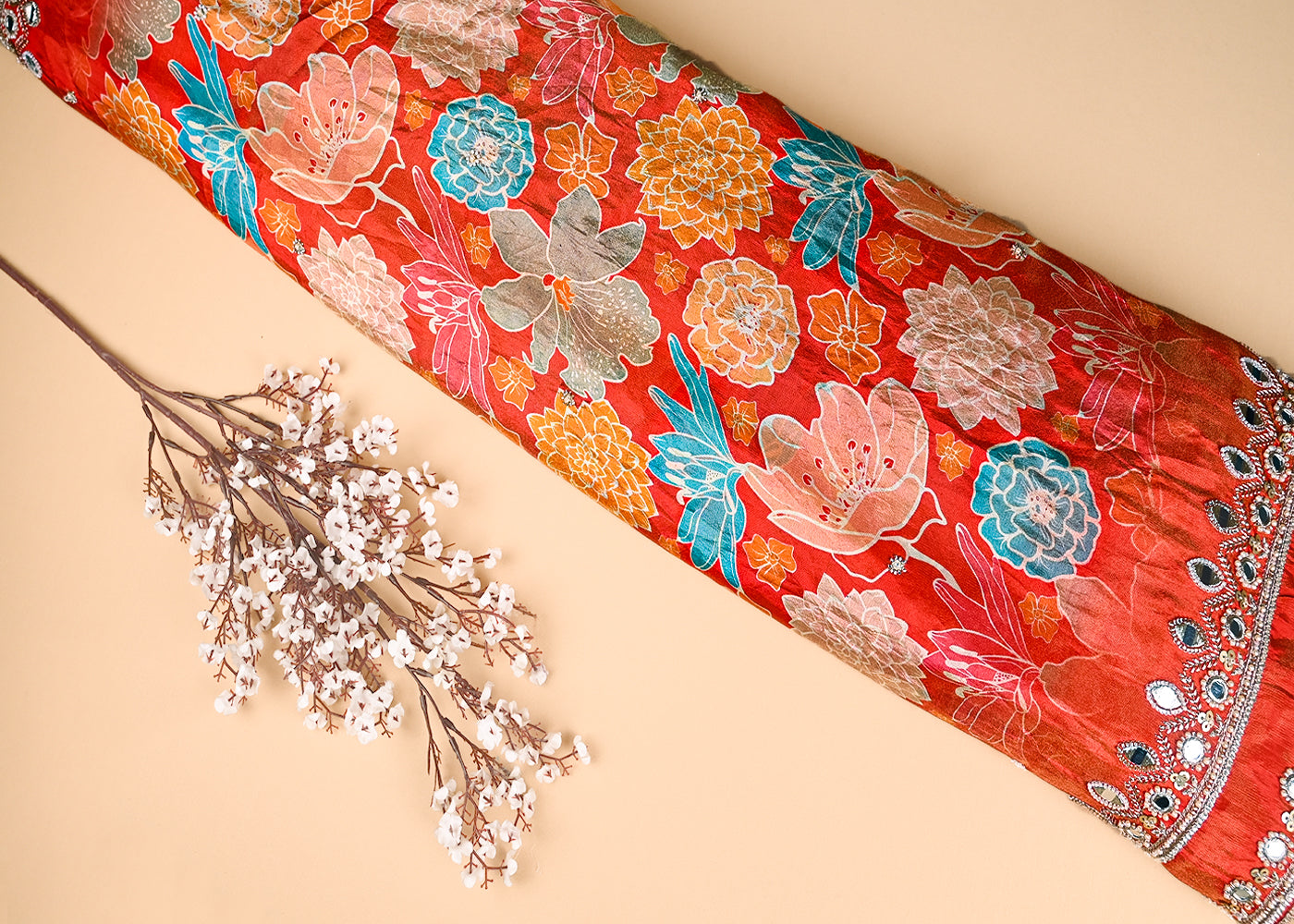 Rust Tissue Fabric With All Over Floral Print And Two Side Bead, Sequins, Zari And Faux Mirror Border 20308