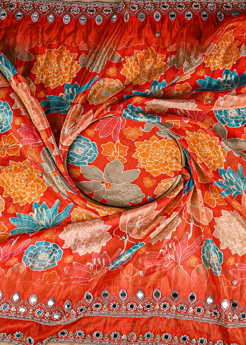 Rust-Tissue-Fabric-With-All-Over-Floral-Print-And-Two-Side-Bead,-Sequins,-Zari-And-Faux-Mirror-Border-20308-close-view