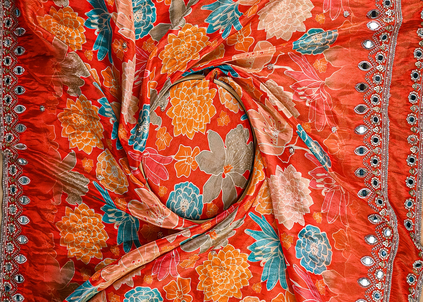 Rust Tissue Fabric With All Over Floral Print And Two Side Bead, Sequins, Zari And Faux Mirror Border 20308