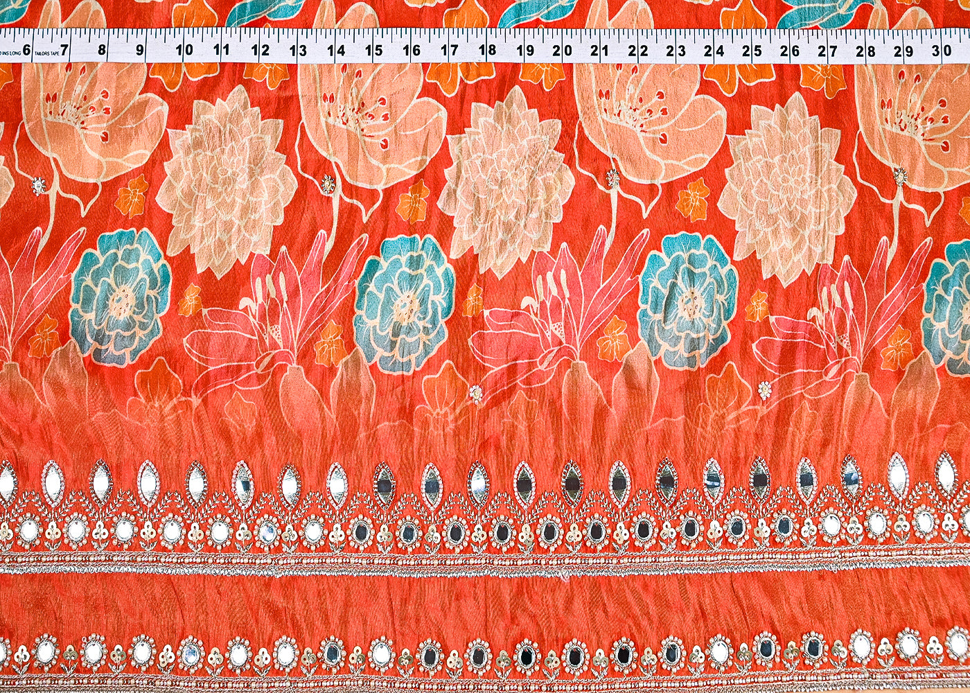 Rust Tissue Fabric With All Over Floral Print And Two Side Bead, Sequins, Zari And Faux Mirror Border 20308