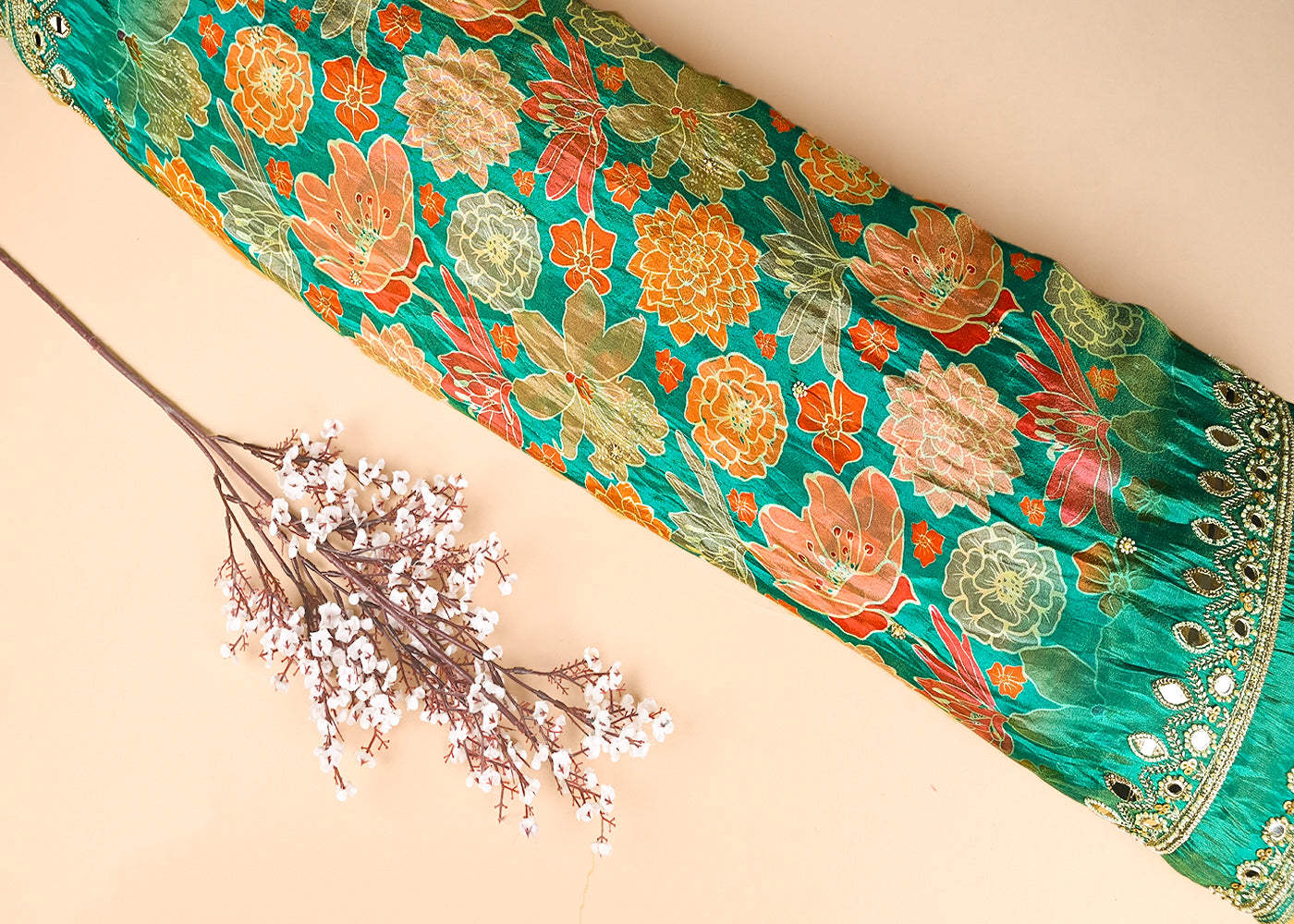 Rama Tissue Fabric With All Over Floral Print And Two Side Bead, Sequins, Zari And Faux Mirror Border 20309